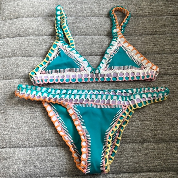 KIINI BLUE TEAL TWO PIECE SWIM BIKINI CROCHET